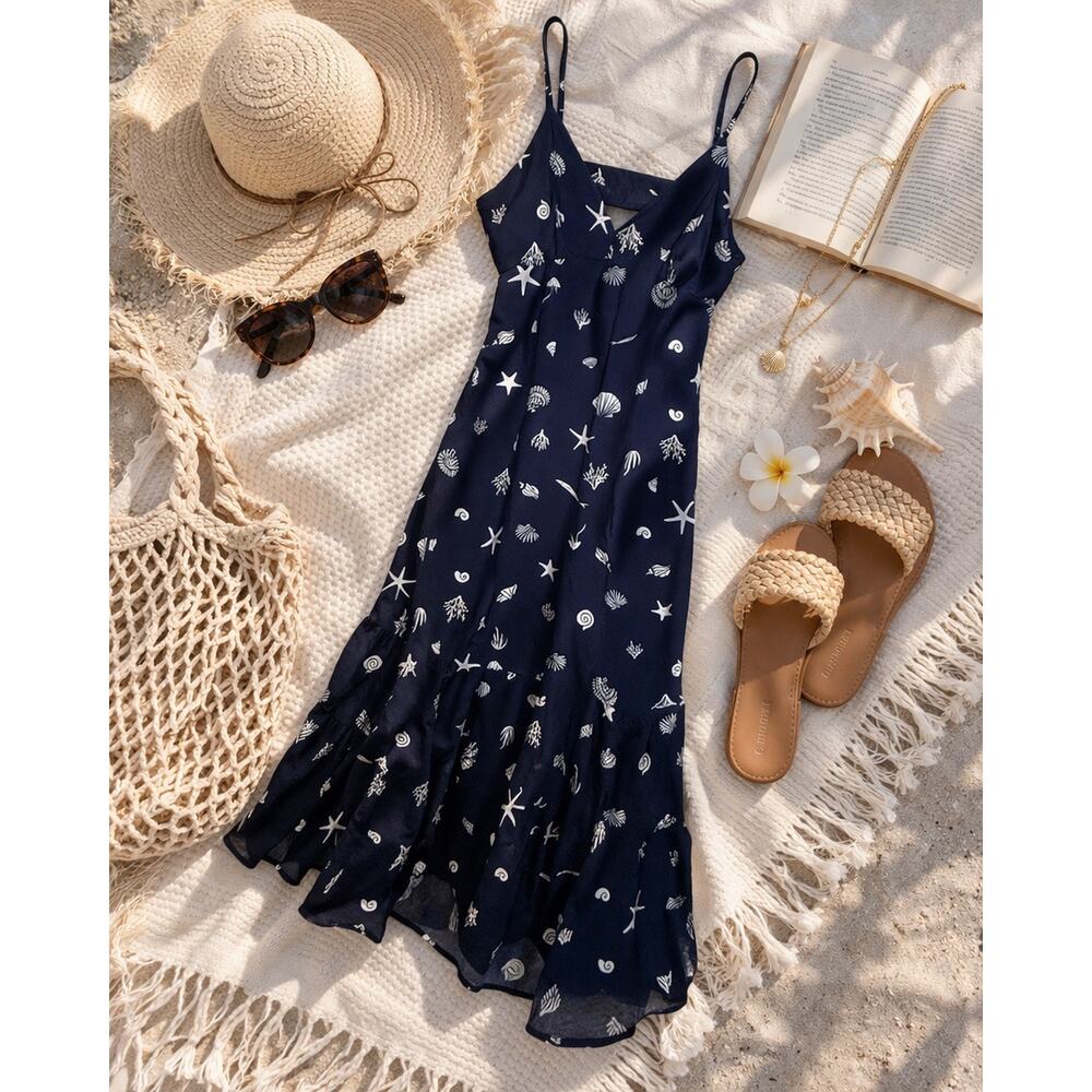 A New Day Open Back Maxi Dress Navy Blue White Seashells Beach Pockets Large L